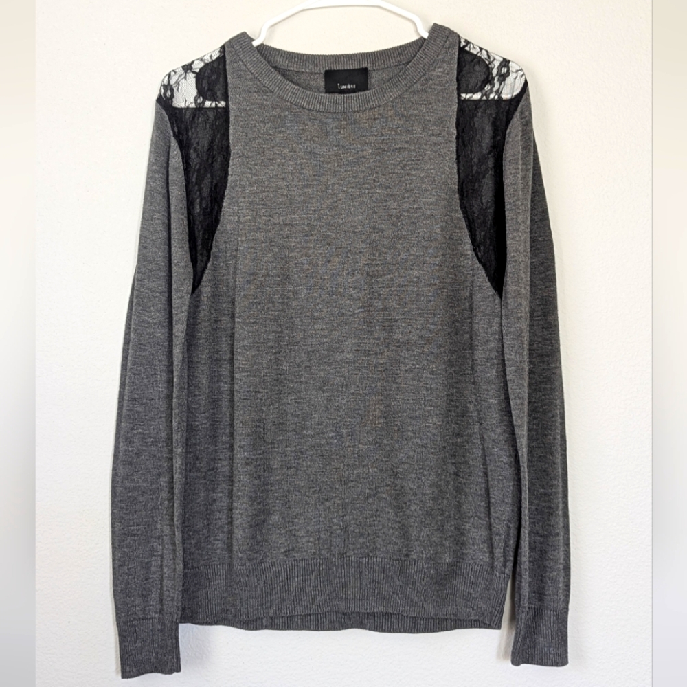 "Sophisticated Style: Grey Sweater with Black Lace Detailing"